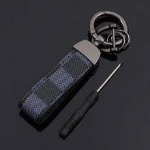 Load image into Gallery viewer, Red Blue Square Pattern Leather Keychain Luxury Old Flower Leather Circle Buckle Keychains Auto Car Waist Key Chain Keyholder