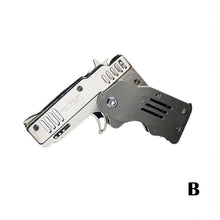 Load image into Gallery viewer, Pocket Rubber Banders mini metal folding 6 rounds keychain gun shape keychains toy April fools day
